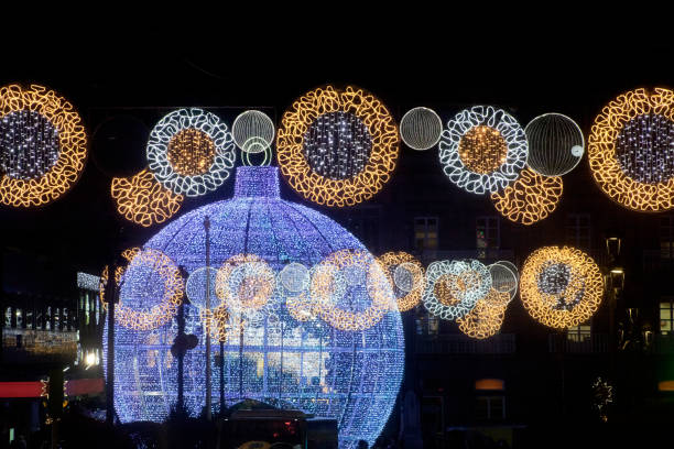 Street light Christmas decorations, large Christmas tree ball , Vigo, Galicia, Spain. stock photo