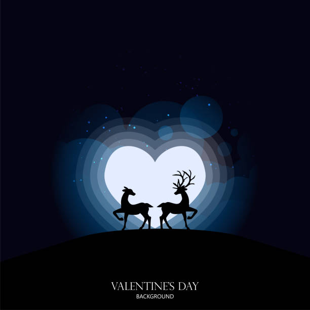 istock Vector illustration of deer couple looking at the full moon in heart shape. Night sky with stars and cloud. Vector illustration background. Design for valentine day. 1173532427