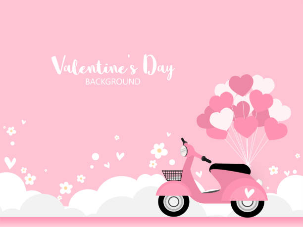 istock Valentine's day background with pink scooter with heart shape balloon with flowers and cloud. Concept of love and valentine day. Vector illustration. 1173532792
