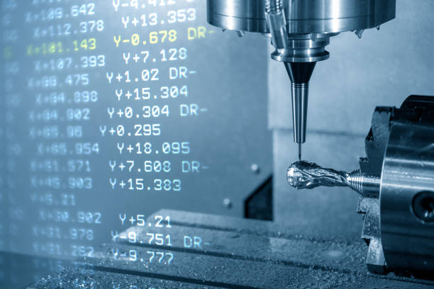 istock The abstract scene of G-code data background and the 5-axis CNC milling machine cutting the sample parts with the solid ball endmill tools. 1173536352