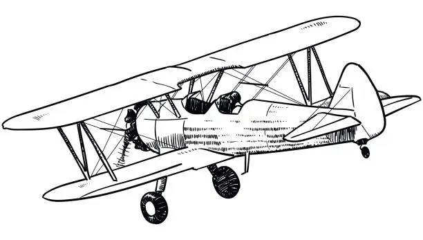 Vector illustration of Vector drawing of old biplane on white background