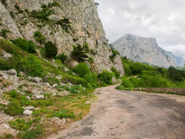 istock Old winding mountain road in forest near the cliffs 1173538589