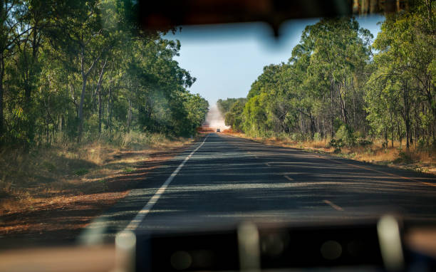 View of the road through windshield stock photo