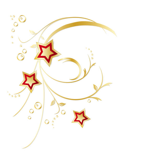 ilustrações, clipart, desenhos animados e ícones de elemento do projeto floral-filiais do ouro com as estrelas no branco-ornamento festivo da flor - spiral plant attribute style invitation