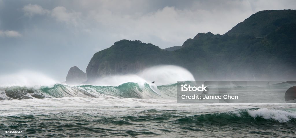 Surfing at Piha beach, west Auckland Surfing Stock Photo