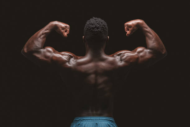 athletische afrikanische amerikanische männliche bodybuilder beugen muskeln - body building men flexing muscles male stock-fotos und bilder