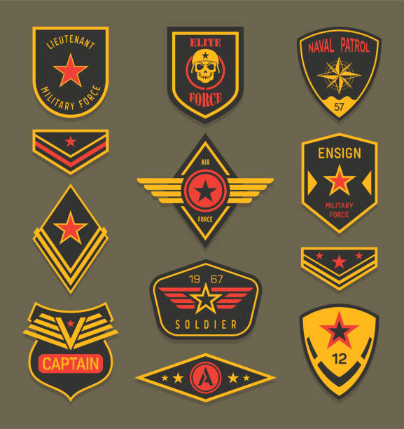 Military insignia or army badge, american soldier Set of isolated navy clothing badges or army apparel signs, naval insignia with ribbon and star, military ranger patch or rank, american soldier crest or america air force clothing tag. War, military sergeant badge stock illustrations