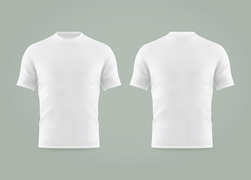 Set of isolated white t-shirt or realistic apparel with u-neck and short sleeve. 3d blank or empty, clear cotton t shirt. Men and women, male and female clothing. Man and woman uniform mockup