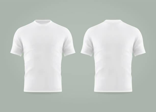 Set of isolated white t-shirt or realistic apparel Set of isolated white t-shirt or realistic apparel with u-neck and short sleeve. 3d blank or empty, clear cotton t shirt. Men and women, male and female clothing. Man and woman uniform mockup front view stock illustrations