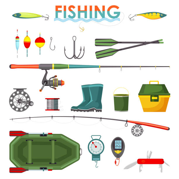 Set of isolated fishing items or equipment, rod Set of isolated fisherman items or equipment, accessory icons. Fish tackle and hook, rod and float, lure and bait, boots and bucket, rubber boat and weighter, swiss knife. Fishing and sport angler fishing tackle stock illustrations