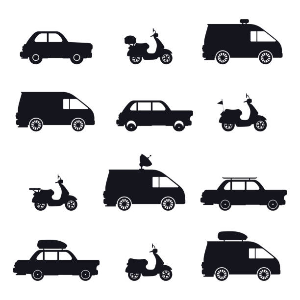 силуэт автомобиля и микроавтобуса, скутера и авто - silhouette bus symbol motor scooter stock illustrations