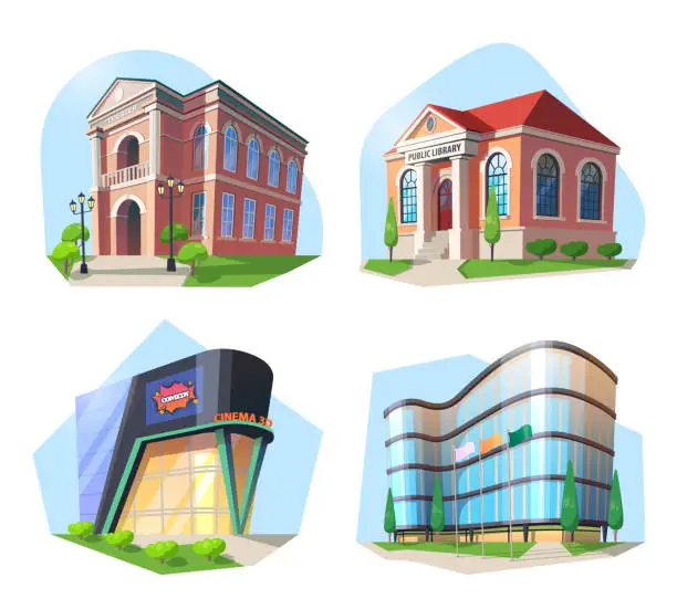 Vector illustration of Cinema and library, modern building and theater.