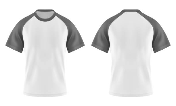Wjote t-shirts with gray or grey sleeve and u-neck Set of isolated white t-shirts with gray or grey sleeve and u-neck. Casual blank wear template for man and woman. Clear or empty 3d apparel or realistic cloth. Male and female textile. Fashion theme thin neck stock illustrations