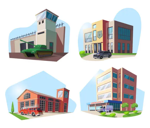 Vector illustration of Police, firehouse, hospital, military base