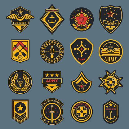 Set of isolated army badges or american military labels, soldier sign. Navy rank or air force tag. Crest with parachute and wings, star and anchor, sword. Elite force sticker. Clothing and war theme