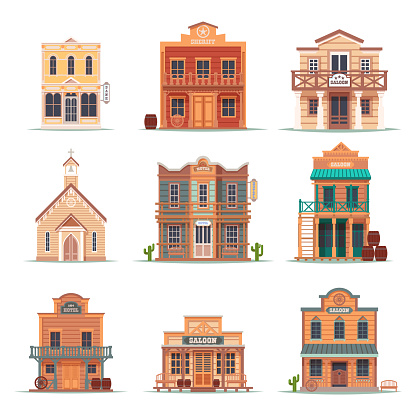 Set of isolated wild west building. American saloon and church, hotel or motel, sheriff or police house, bank and bar. Exterior view on retro USA buildings facade. Architecture, cowboy, western theme