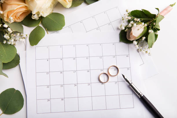istock Wedding rings choosing the date in paper calendar 1173548951