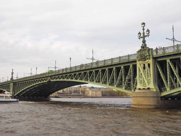 Close up of the Troitskiy Bridge on Neva, Saint-Petersburg. stock photo