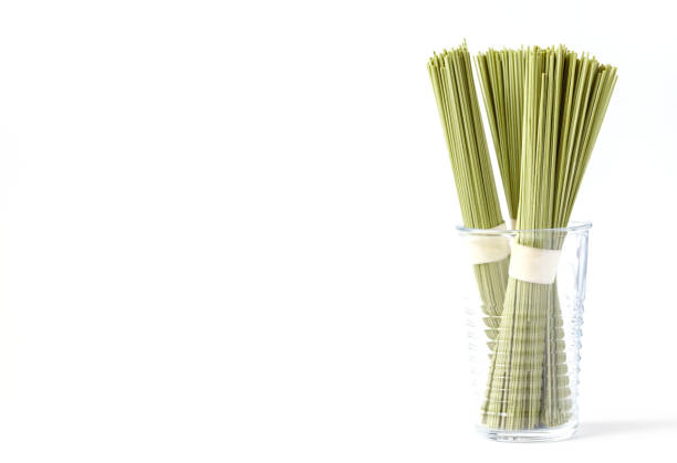 Green Tea Soba Noodles isolated on white background.Copy space for Text.Minimalist concept.