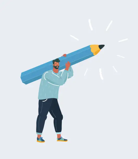 Vector illustration of Man hold big pencil on white