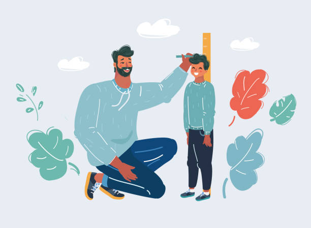Father check boy heigh growth Vector cartoon illustration of measure child. Phather check heigh growth by truler meter. Human characters on isolated white baclground. Son getting higher. boy height measure stock illustrations