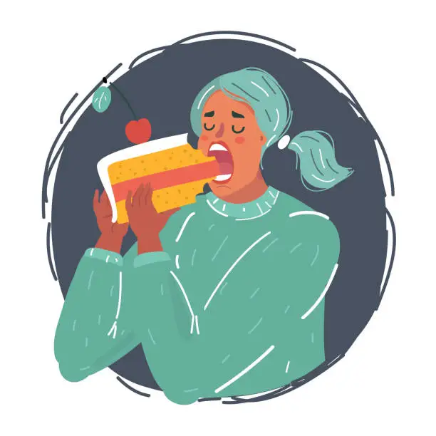 Vector illustration of Woman eat big peace of cake.