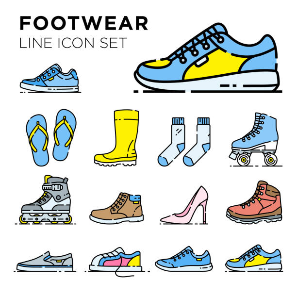 Footwear line icon set Footwear line icon set. Shoe vector collection. Mens and ladies casual, fashion and sport footgear symbol illustrations. flip flop illustration stock illustrations