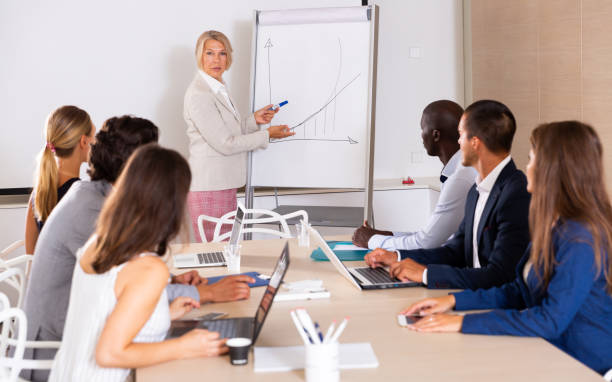 istock Woman making presentation on staff meeting 1173557384