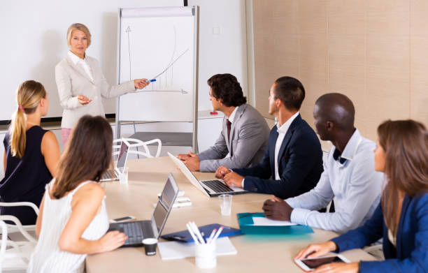 istock Woman making presentation on staff meeting 1173557645