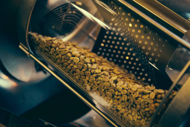 istock Roaster machine prepared coffee beans.  Process of coffee roasting in cafe. Ingridient for popular european drink. Brown bean inside box. Organic food. Close up shot. 1173559522