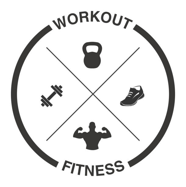 Crossed Dumbells, Kettlebell, Shoe and Muscles with Tagline Workout and Fitness Vector of Crossed Dumbells, Kettlebell, Shoe and Muscles with Tagline Workout and Fitness gym clipart stock illustrations