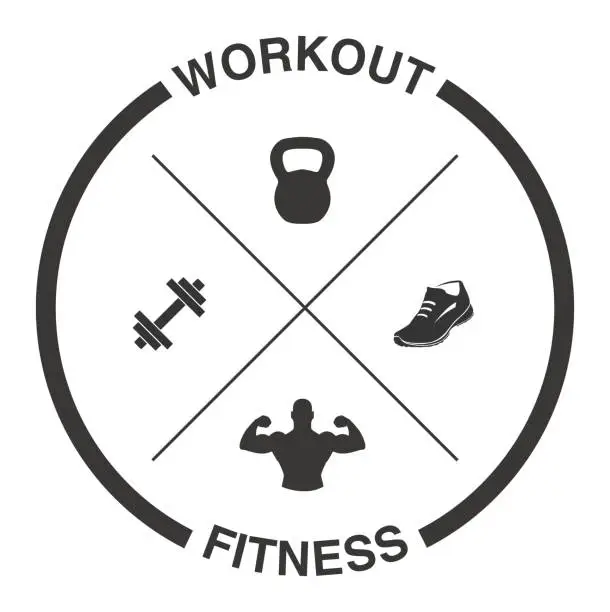 Vector illustration of Crossed Dumbells, Kettlebell, Shoe and Muscles with Tagline Workout and Fitness