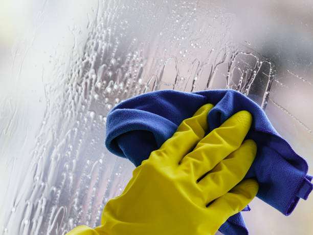 istock Gloved hand cleaning window rag and spray 1173560635