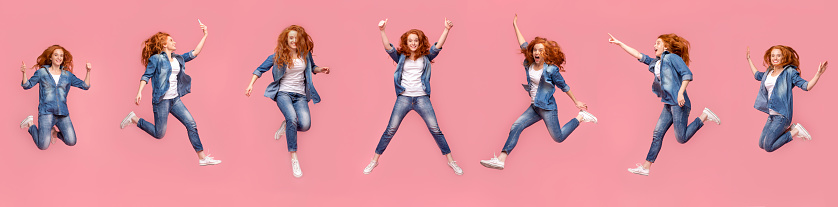 Collage of teen redhead girl jumping in air on pink background, panorama