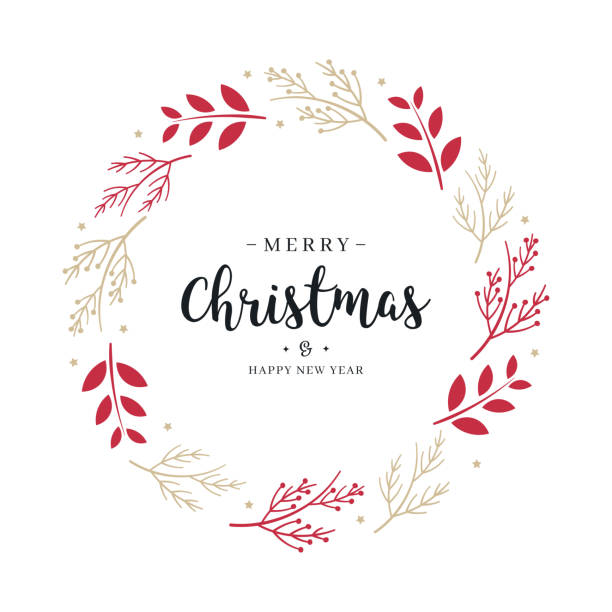 ilustrações de stock, clip art, desenhos animados e ícones de merry christmas greeting text branch wreath circle isolated background - christmas wreath holiday holly