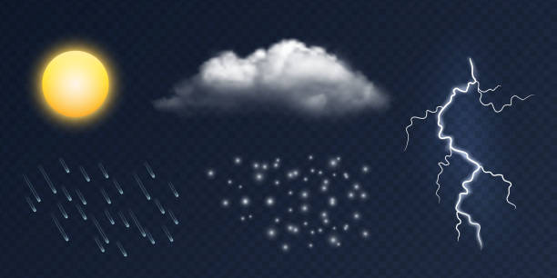 ilustrações de stock, clip art, desenhos animados e ícones de weather elements. vector realistic sun, cloud, lighting, rain and snow isolated on transparent background - clear sky flash