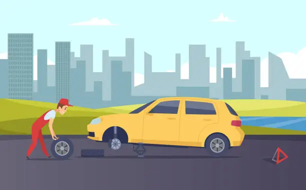 Vector illustration of Roadside assistance. Vector tire fitting service. Cartoon car mechanic changing car wheels on road illustration