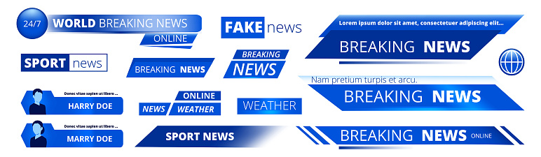 Breaking news. Broadcasting banners tv sport weather video interface vector graphic. News broadcasting banner, broadcast tv headline illustration