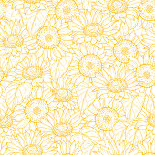 istock Sunflower seamless pattern. Vector line yellow flowers texture background 1173569299
