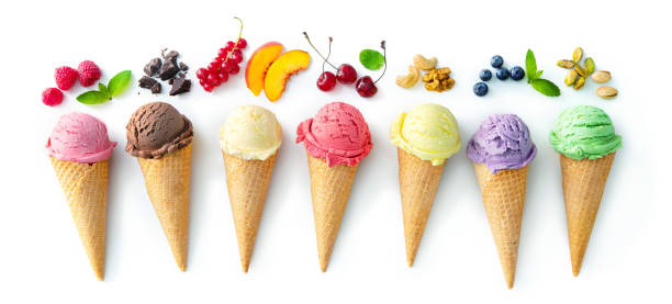 istock Various varieties of ice cream in cones isolated on white background 1173571291