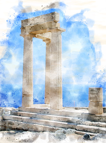 watercolor style image of the acropolis in lindos rhodes with blue sky and sea in summer