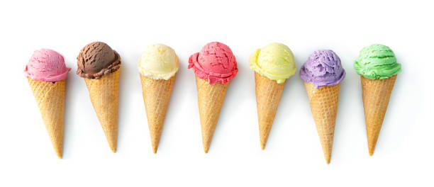 различные сорта мороженого в конусах изолированы - raspberry berry fruit gourmet isolated стоковые фото и изображения