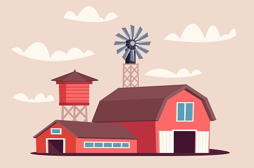 Farmyard buildings flat vector illustration. Traditional wooden barnhouse and livestock shed isolated on beige background. Windmill generating energy and water tower for organic produce manufacturing