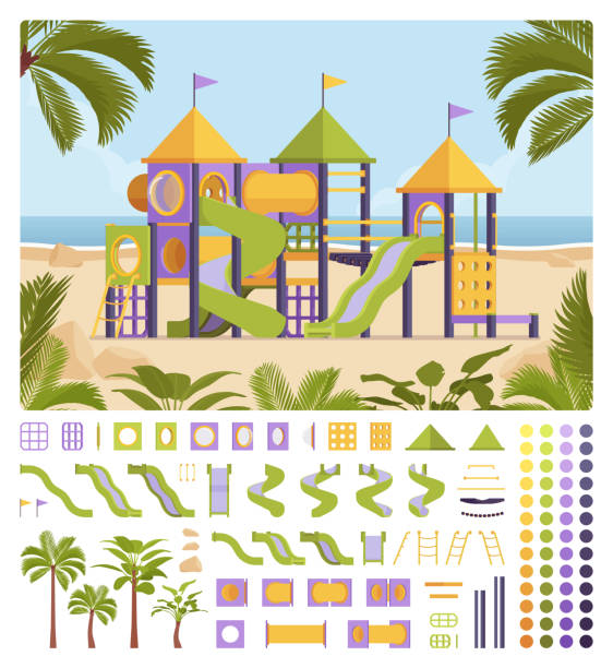 Playground system construction set Playground system creation set, playing equipment with slides for kid recreation and fun kit, constructor elements to build your own design. Cartoon flat style infographic illustration, color palette coil tubing stock illustrations
