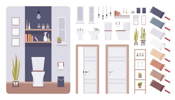 Vector illustration of Restroom interior and design construction set