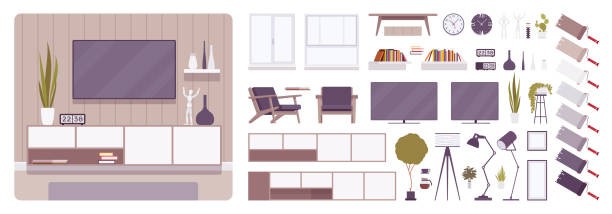 телевизор кабинет интерьера и дизайна строительного набора - furniture model kit home improvement wood stock illustrations