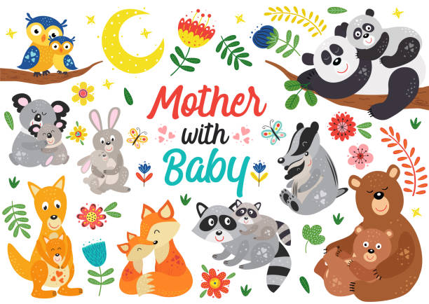 illustrations, cliparts, dessins animés et icônes de ensemble d'animaux isolés mère avec bébé partie 2 - famille danimaux