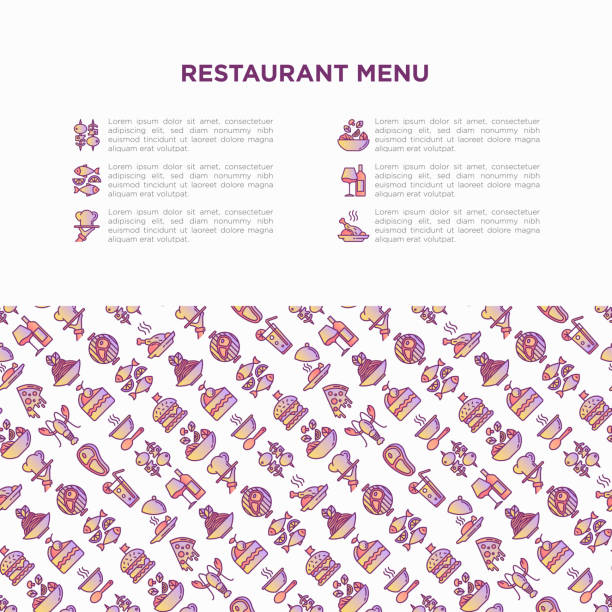 ilustrações de stock, clip art, desenhos animados e ícones de restaurant menu concept with thin line icons: starters, chef dish, bbq, soup, beef, steak, beverage, fish, salad, pizza, wine, seafood, burger. modern vector illustration for print media, banner. - steak dinner lobster wine