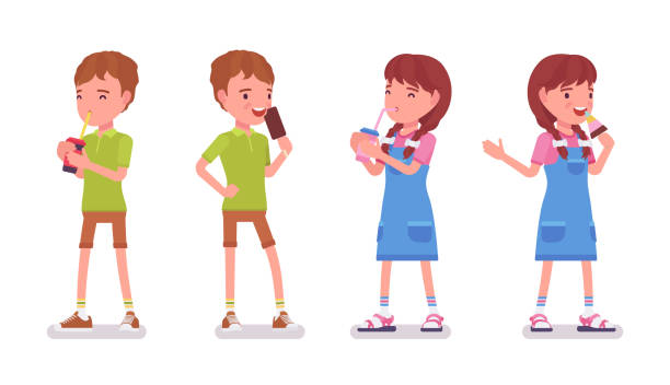 illustrations, cliparts, dessins animés et icônes de garçon et fille enfant 7 à 9 ans avec le soude, glace - 6 7 years little girls child standing