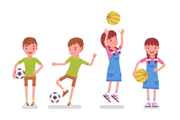 chłopiec, dziewczyna dziecko 7 do 9 lat gra z piłką - 6 7 years illustrations stock illustrations
